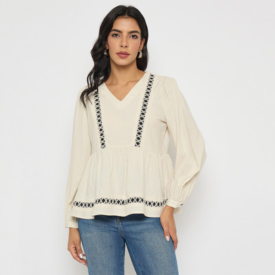 MADAME Casual Embroidered Women White Top