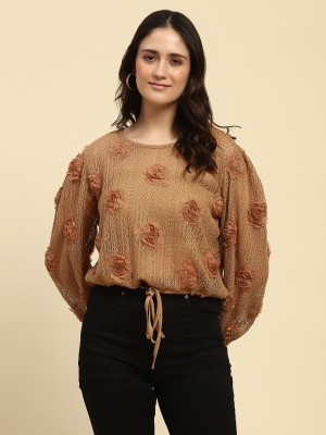 GLOBAL REPUBLIC Casual Embroidered Women Brown Top