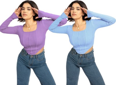 Meyara Casual Solid Women Purple, Light Blue Top