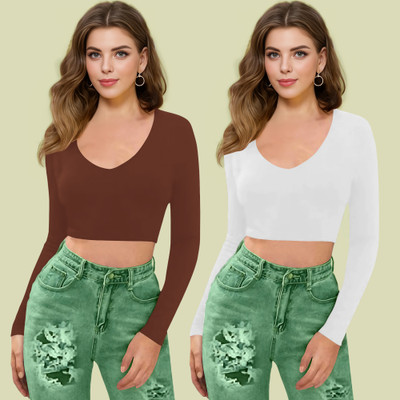 Maheshvi Casual Solid Women White, Brown Top
