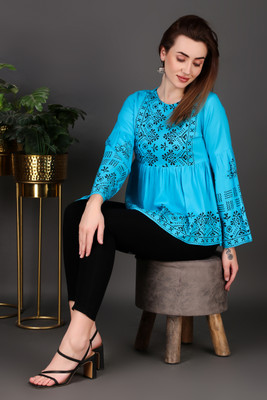 NeeraFashion Casual Printed Women Light Blue Top