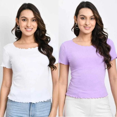 SHIV FASHION Casual Solid Women Purple, White Top
