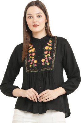 MUMRAA Casual Embroidered Women Black Top