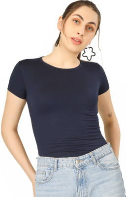 Clothza Casual Solid Women Blue Top