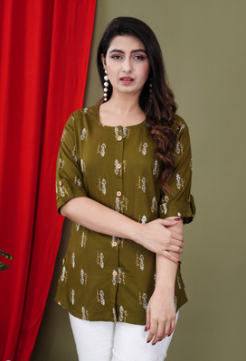 FebQ Casual Printed Women Green Top