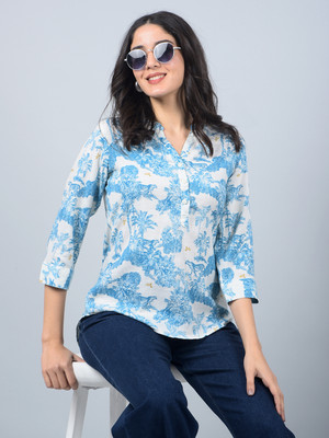 CRIMSOUNE CLUB Casual Floral Print Women Blue Top
