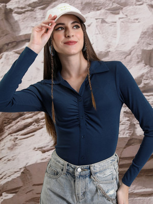 Tokyo Talkies Casual Solid Women Blue Top