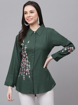 KBZ Casual Embroidered Women Green Top
