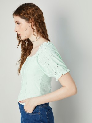 Ginger by Lifestyle Casual Embroidered Women Green Top