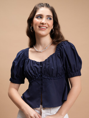 Tokyo Talkies Casual Solid Women Dark Blue Top