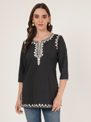 Roseverse Casual Embroidered Women Black Top