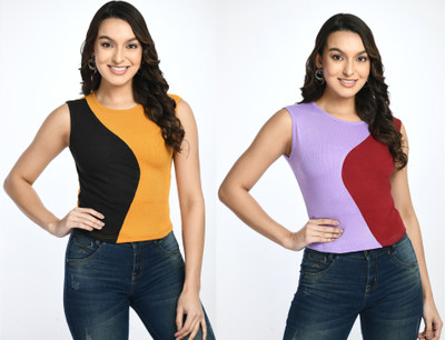 GLADLY Casual Color Block Women Yellow, Purple Top