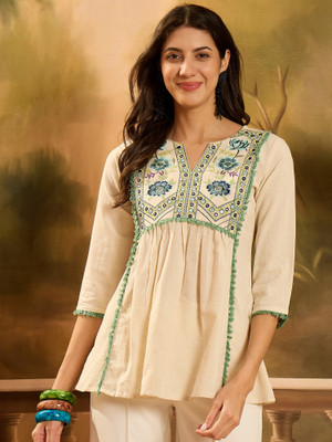 Stylum Casual Embroidered Women Beige Top