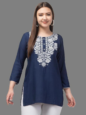 Aura Glam Casual Embroidered Women Dark Blue Top