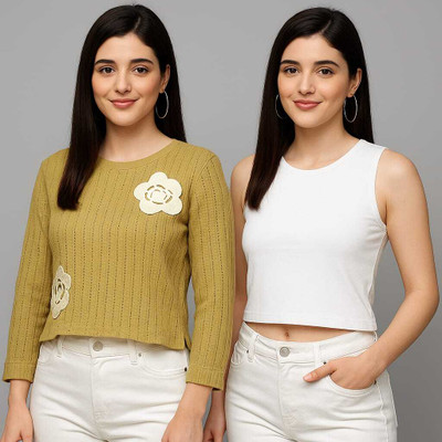 Jileba International Casual Self Design, Embellished, Solid Women Black, White Top