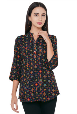GO.4.IT Casual 3/4 Sleeve Printed Women Dark Blue Top