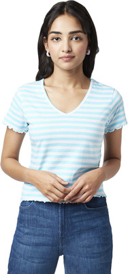 YU by Pantaloons Casual Striped Women Light Blue, White Top