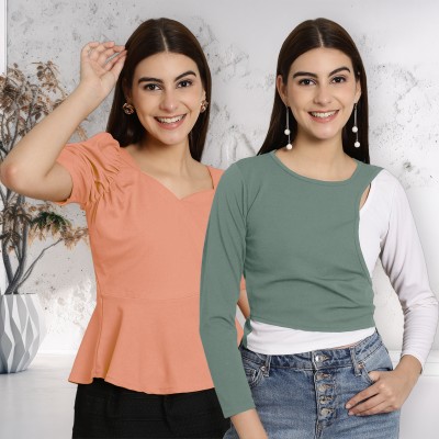 METRONAUT Casual Solid Women Orange, Green, White Top