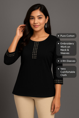 AROOZ Casual Embroidered Women Black Top