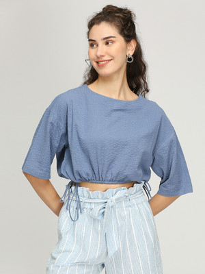 IZEL Casual Solid Women Light Blue Top