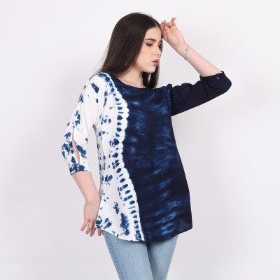 WOEMUR Casual Self Design Women Blue Top