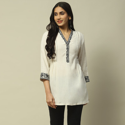 RANGRITI Casual Embroidered Women Beige, Black Top