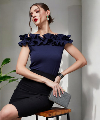 Miss Chase Party Solid Women Blue Top
