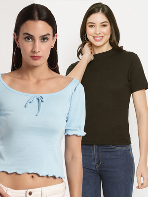 MIAZ LIFESTYLE Casual Self Design Women Light Blue, Black Top