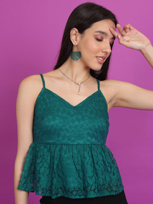Tokyo Talkies Casual Self Design Women Dark Green Top