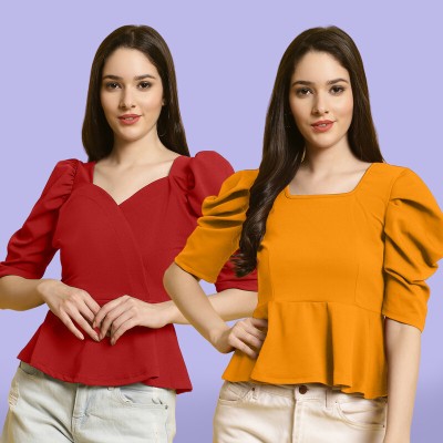 Fabflee Casual Solid Women Maroon, Yellow Top