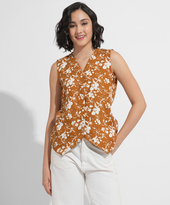 FashFun Formal 3/4 Sleeve Printed Women Beige Top