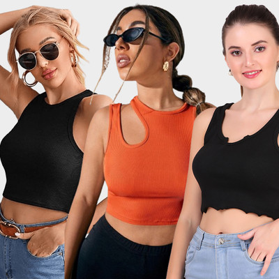 KIK33 Casual Solid Women Black, Orange Top