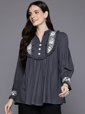 IRONIC CREATION Casual Embroidered Women Grey Top