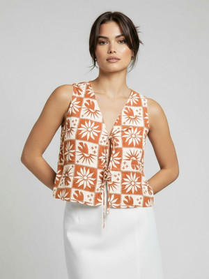 Glitchez Casual Printed Women Beige, White Top
