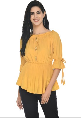 AV Fashion Casual Solid Women Yellow Top