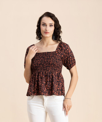 moomaya Casual Printed Women Orange, Black Top