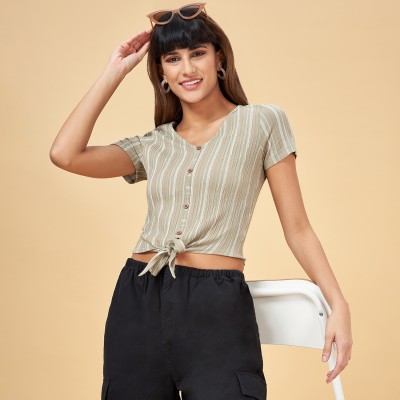 PEOPLE Casual Striped Women Beige Top