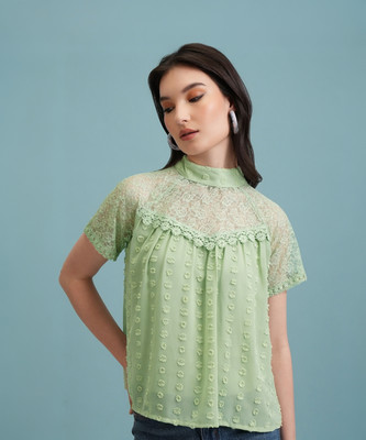 Tokyo Talkies Casual Self Design Women Green Top