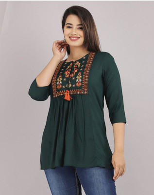 Naiwal Creation Casual Embroidered Women Dark Green Top