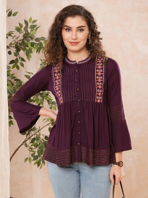 Globus Casual Embroidered Women Maroon Top