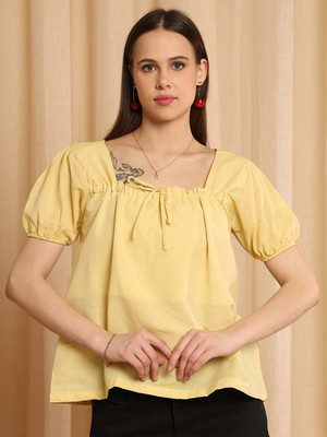 NEUDIS Casual Solid Women Yellow Top
