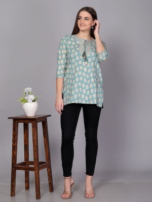 Highlight fashion export Casual Printed Women Light Blue, White Top