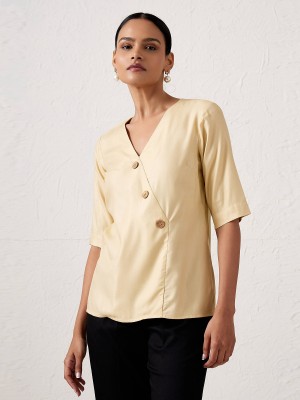 SALT ATTIRE Casual Solid Women Beige Top