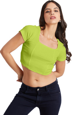 Berry Bird Casual Solid Women Light Green Top