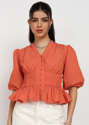 Asami Casual Solid Women Orange Top