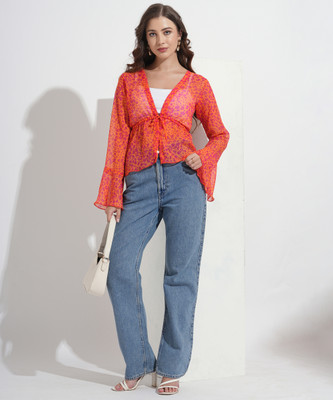 FashFun Casual 3/4 Sleeve Printed Women Orange Top