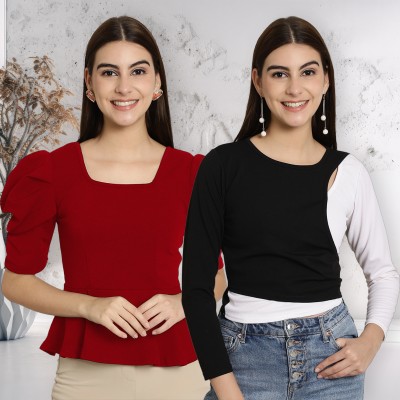 METRONAUT Casual Solid Women Black, White, Maroon Top