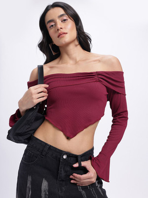 Glitchez Casual Solid Women Maroon Top
