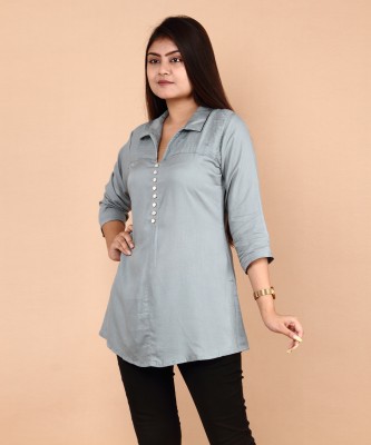 pecker Casual Solid Women Grey Top