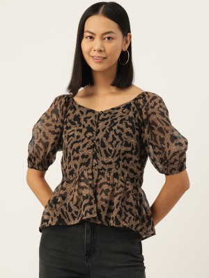 SLENOR Casual Animal Print Women Brown, Black Top